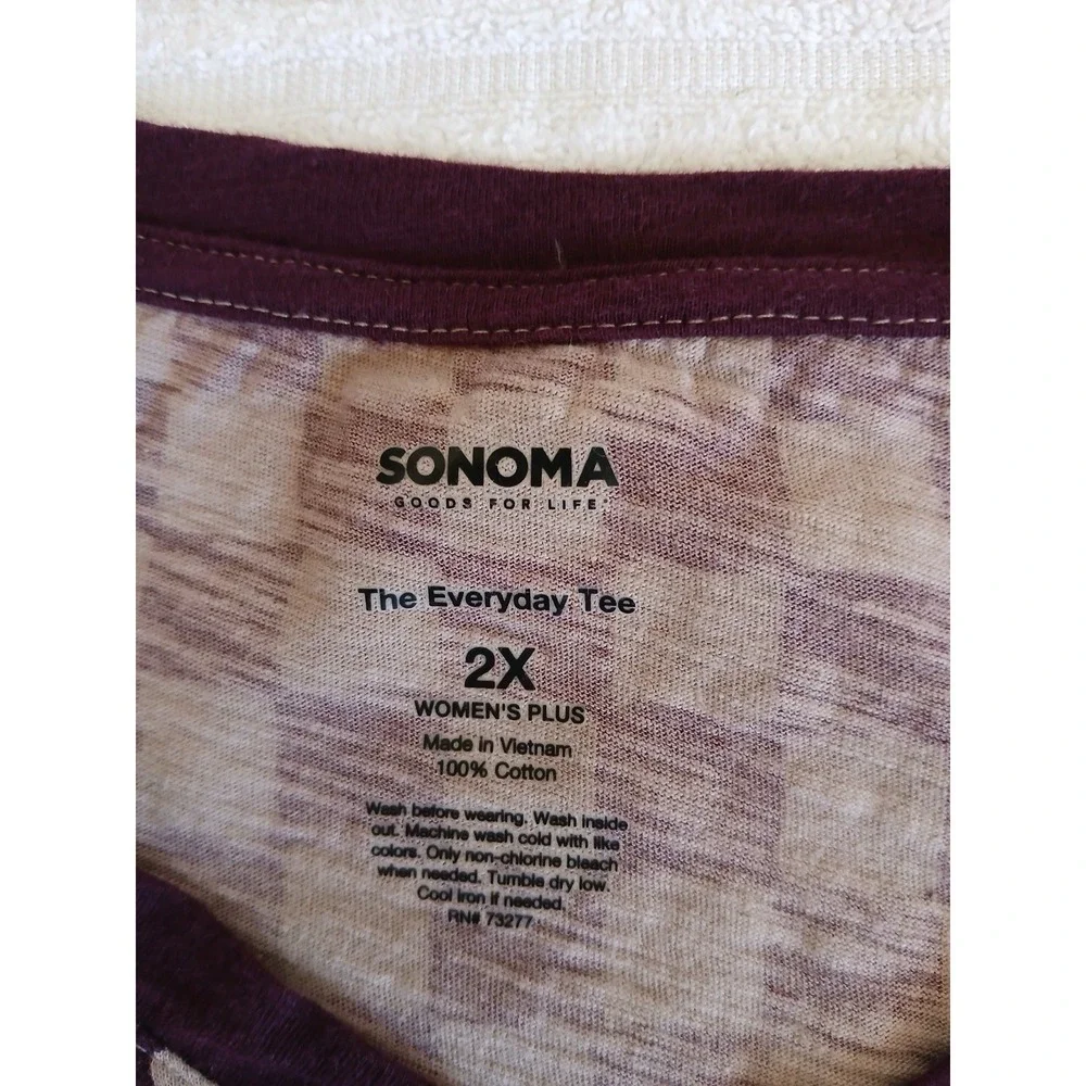 SONOMA Women Burgundy Plaid Long V-neck Sleeve‎ The Everyday Tee Shirt Top 2X